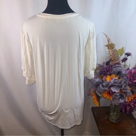 Tahari Cream Ruched Sleeve Top XL Soft Stretch Minimal Chic Blouse - Picture 3 of 9
